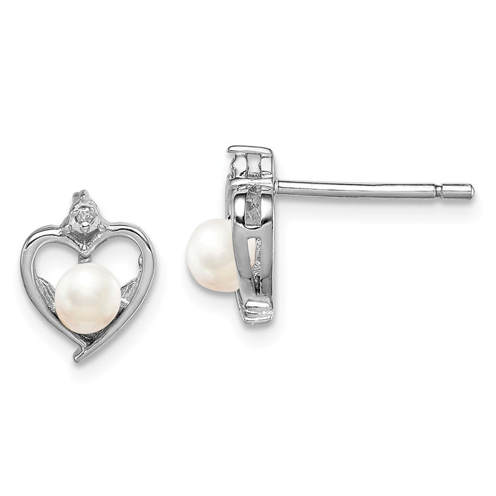 925 Sterling Silver Rhodium-plated Freshwater Cultured Pearl & Diamond Earrings, 10mm x 7mm