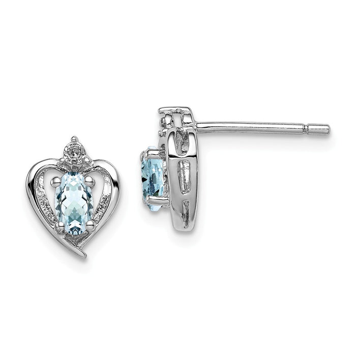 925 Sterling Silver Rhodium-plated Aquamarine & Diamond  Earrings, 10mm x 7mm