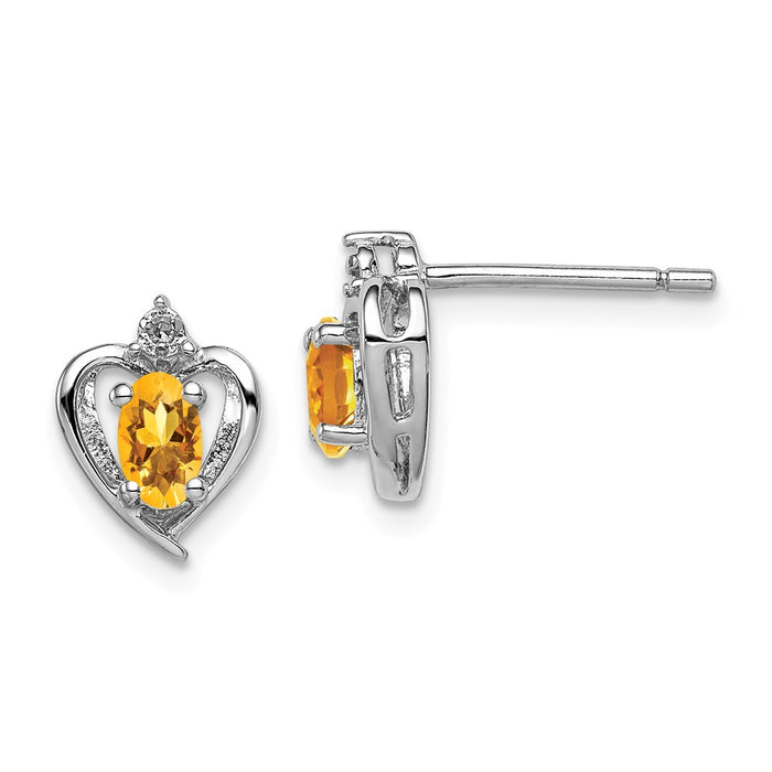 925 Sterling Silver Rhodium-plated Citrine & Diamond  Earrings, 10mm x 7mm