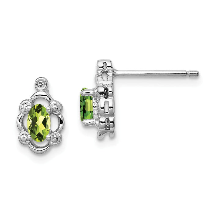 925 Sterling Silver Rhodium-plated Peridot & Diamond  Earrings, 10mm x 6mm