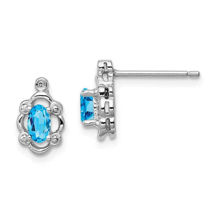 925 Sterling Silver Rhodium-plated Light Swiss Blue Topaz & Diamond  Earrings, 10mm x 6mm