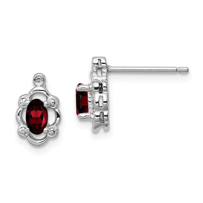 925 Sterling Silver Rhodium-plated Garnet & Diamond  Earrings, 10mm x 6mm