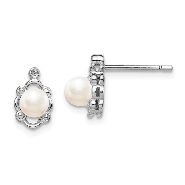 925 Sterling Silver Rhodium-plated Freshwater Cultured Pearl & Diamond Earrings, 10mm x 6mm