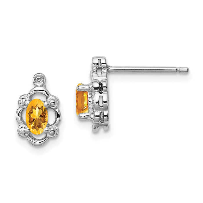 925 Sterling Silver Rhodium-plated Citrine & Diamond  Earrings, 10mm x 6mm