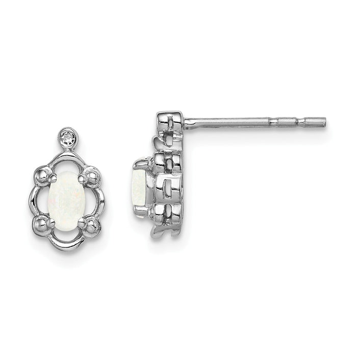 925 Sterling Silver Rhodium-plated Created Opal & Diamond  Earrings, 10mm x 6mm