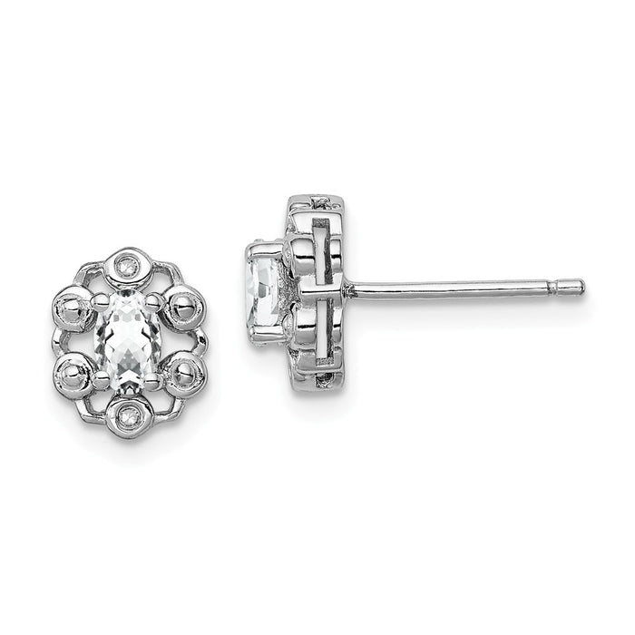 925 Sterling Silver Rhodium-plated White Topaz & Diamond  Earrings, 9mm x 7mm