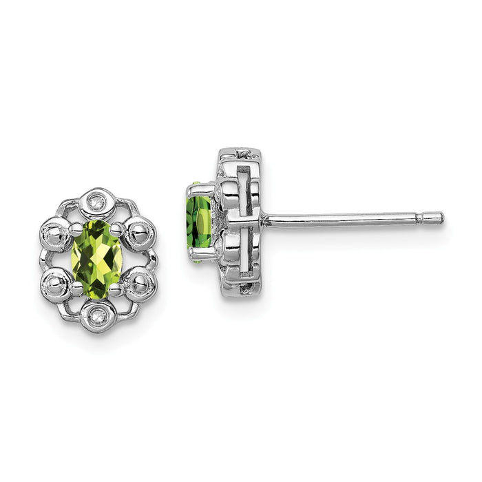 925 Sterling Silver Rhodium-plated Peridot & Diamond  Earrings, 9mm x 7mm