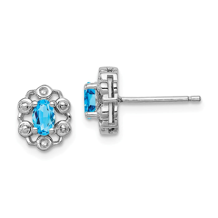 925 Sterling Silver Rhodium-plated Light Swiss Blue Topaz & Diamond  Earrings, 9mm x 7mm