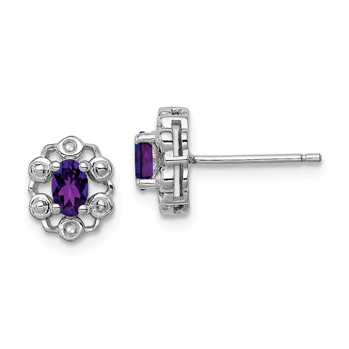 925 Sterling Silver Rhodium-plated Amethyst & Diamond  Earrings, 9mm x 7mm