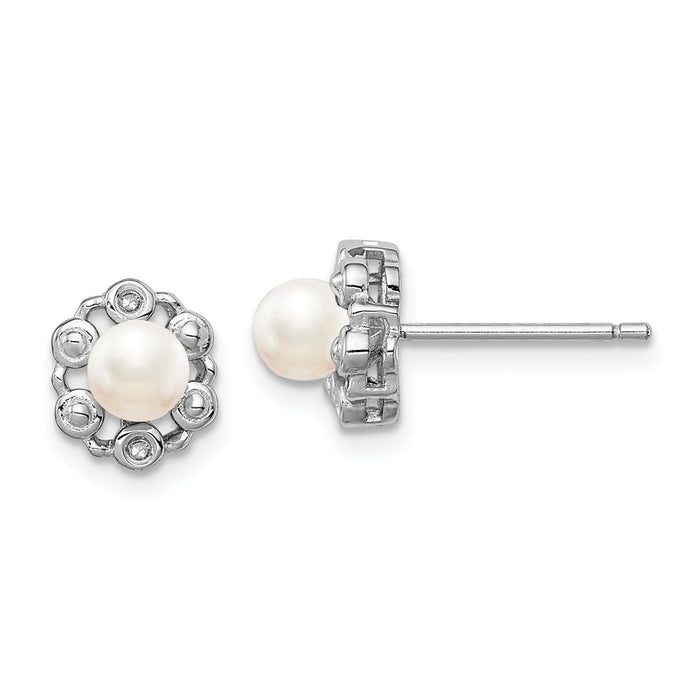 925 Sterling Silver Rhodium-plated Freshwater Cultured Pearl & Diamond Earrings, 9mm x 7mm