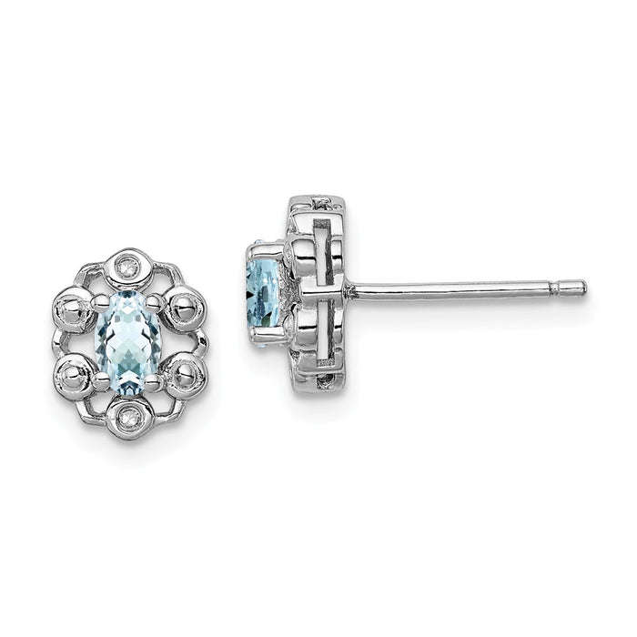 925 Sterling Silver Rhodium-plated Aquamarine & Diamond  Earrings, 9mm x 7mm