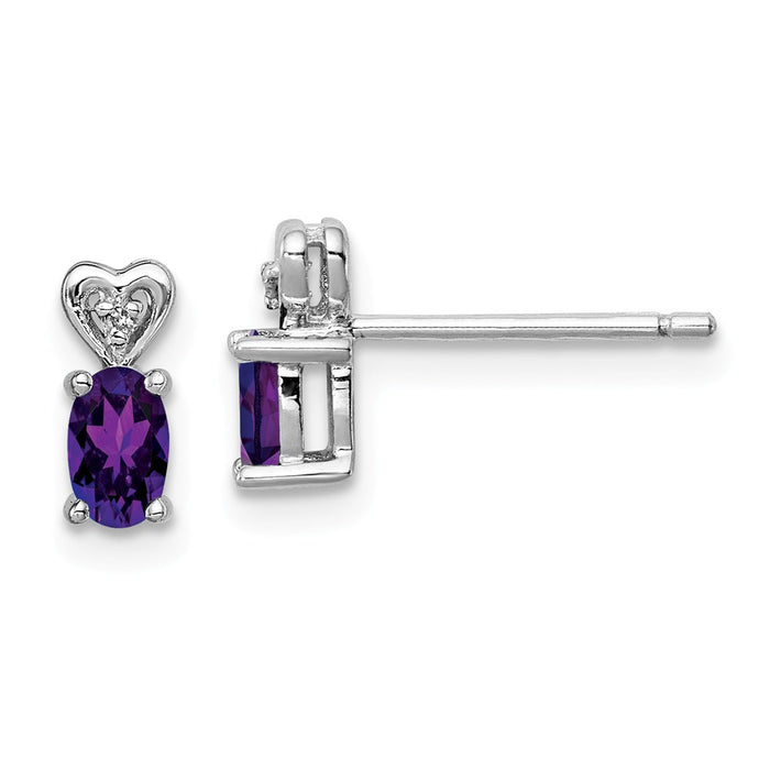 925 Sterling Silver Rhodium-plated Amethyst & Diamond  Earrings, 8mm x 3mm