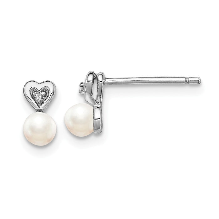 925 Sterling Silver Rhodium-plated Freshwater Cultured Pearl & Diamond Earrings, 8mm x 5mm