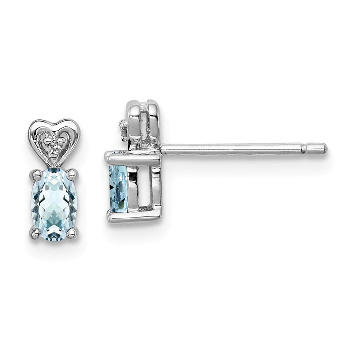 925 Sterling Silver Rhodium-plated Aquamarine & Diamond  Earrings, 8mm x 3mm