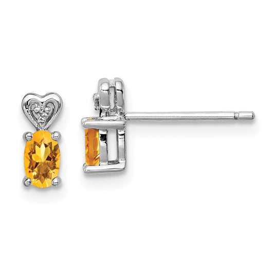 925 Sterling Silver Rhodium-plated Citrine & Diamond  Earrings, 8mm x 3mm