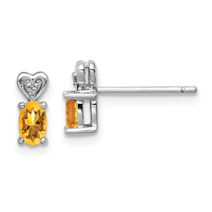 925 Sterling Silver Rhodium-plated Citrine & Diamond  Earrings, 8mm x 3mm