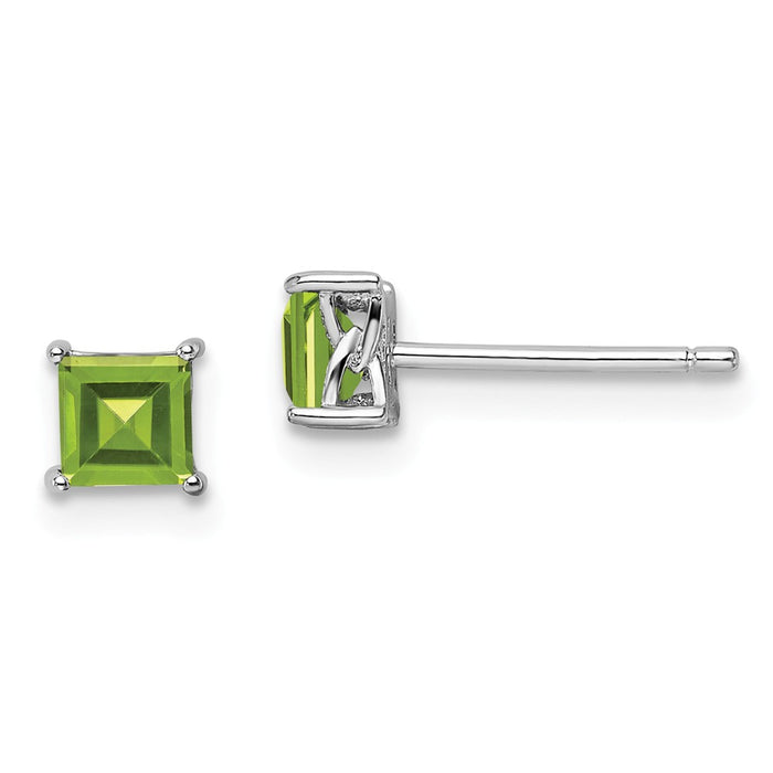 925 Sterling Silver 4mm Princess Peridot Post Earrings, 5mm x 5mm