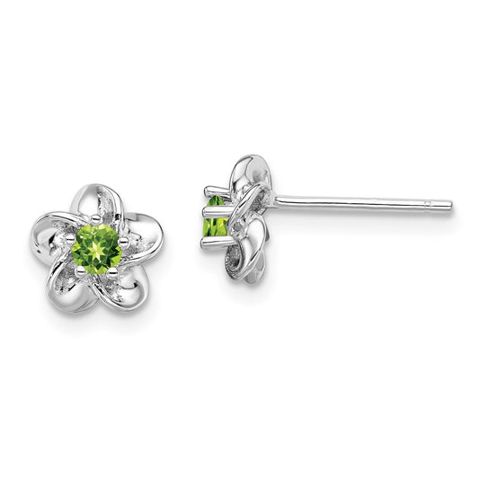925 Sterling Silver Rhodium-plated Floral Peridot Post Earrings, 14.5mm x 8mm