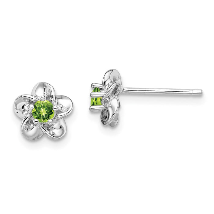 925 Sterling Silver Rhodium-plated Floral Peridot Post Earrings, 14.5mm x 8mm