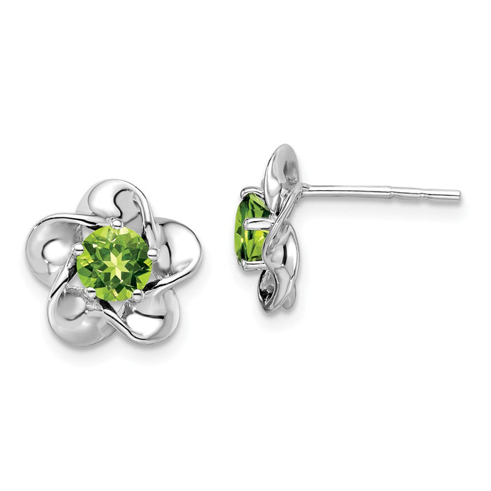 925 Sterling Silver Rhodium-plated Floral Peridot Post Earrings, 15mm x 9mm