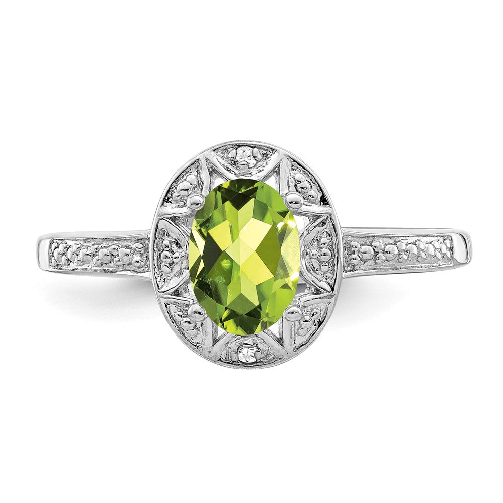 925 Sterling Silver Rhodium-plated Diamond & Peridot Ring, Size: 6