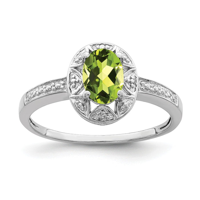 925 Sterling Silver Rhodium-plated Diamond & Peridot Ring, Size: 9