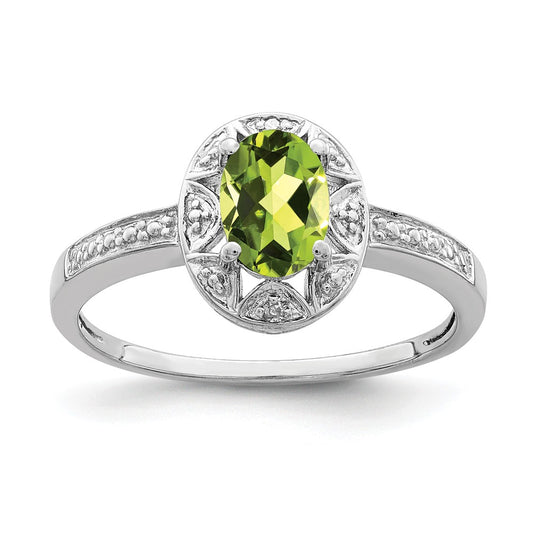 925 Sterling Silver Rhodium-plated Diamond & Peridot Ring, Size: 10