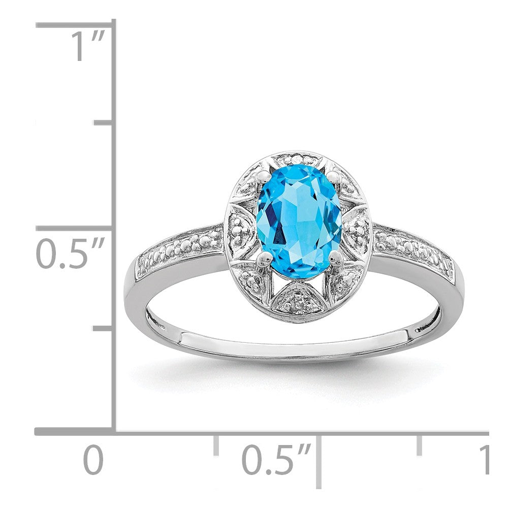 925 Sterling Silver Rhodium-plated Diamond & Blue Topaz Ring, Size: 6