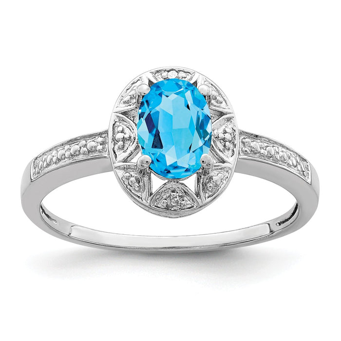 925 Sterling Silver Rhodium-plated Diamond & Blue Topaz Ring, Size: 6