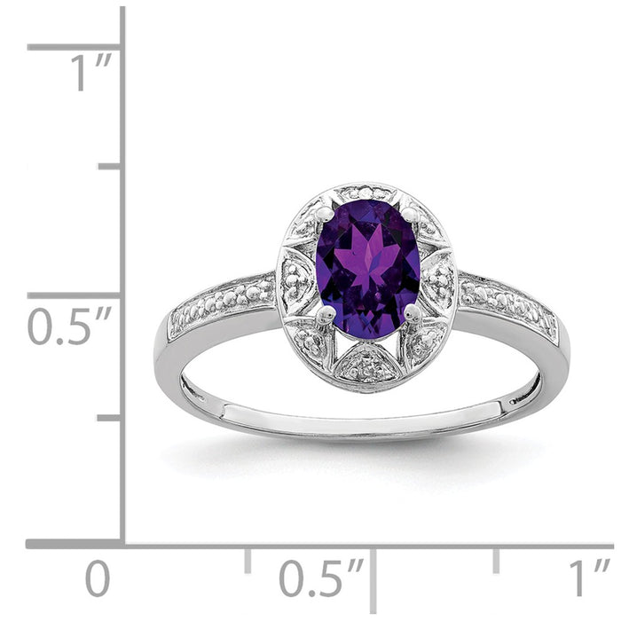 925 Sterling Silver Rhodium-plated Diamond & Amethyst Ring, Size: 8