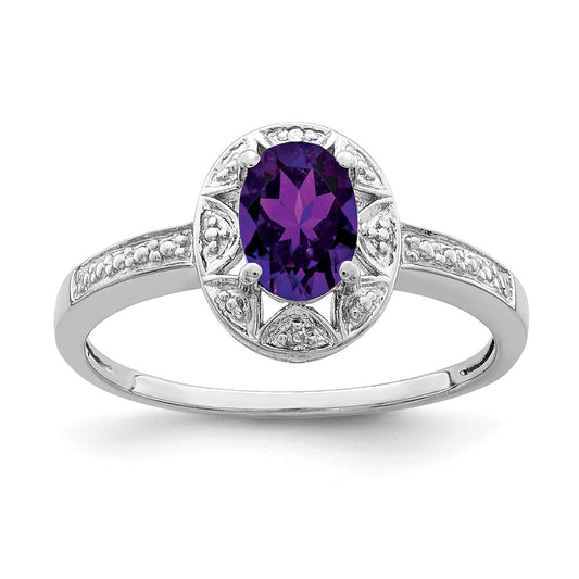 925 Sterling Silver Rhodium-plated Diamond & Amethyst Ring, Size: 8