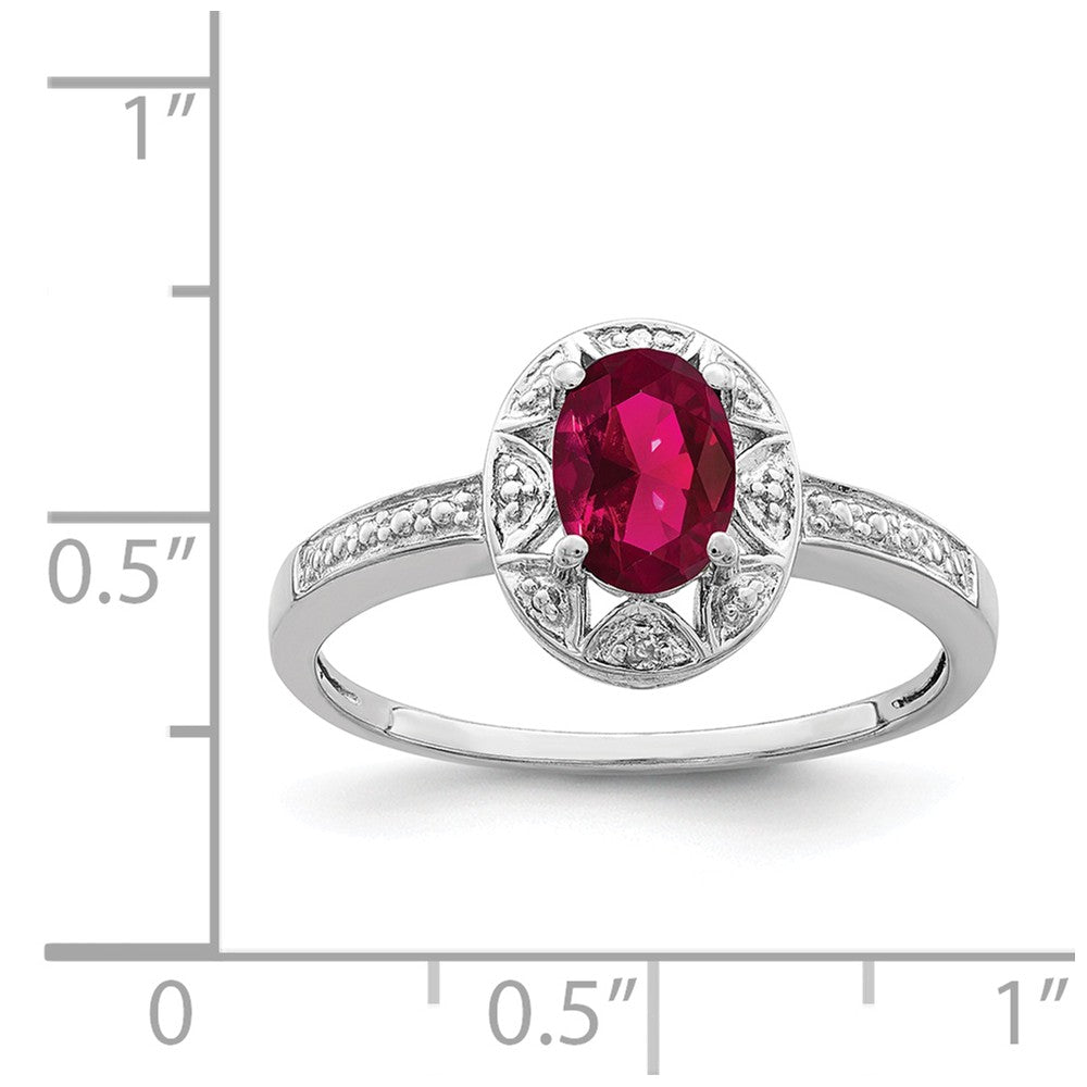 925 Sterling Silver Rhodium-plated Diamond & Created Ruby Ring, Size: 7