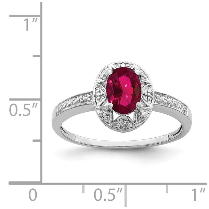 925 Sterling Silver Rhodium-plated Diamond & Created Ruby Ring, Size: 8