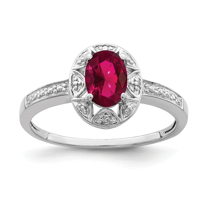 925 Sterling Silver Rhodium-plated Diamond & Created Ruby Ring, Size: 7