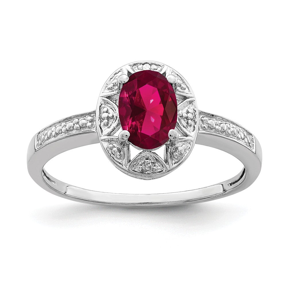 925 Sterling Silver Rhodium-plated Diamond & Created Ruby Ring, Size: 9