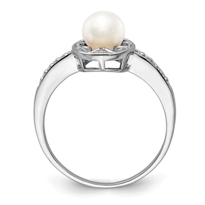 925 Sterling Silver Rhodium-plated Diamond & Freshwater Cultured Pearl Ring, Size: 8