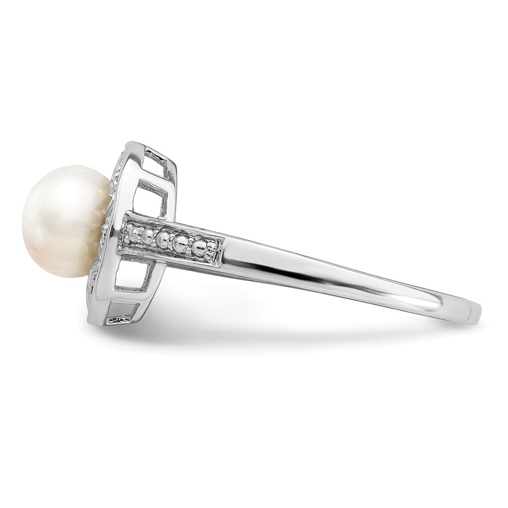 925 Sterling Silver Rhodium-plated Diamond & Freshwater Cultured Pearl Ring, Size: 6