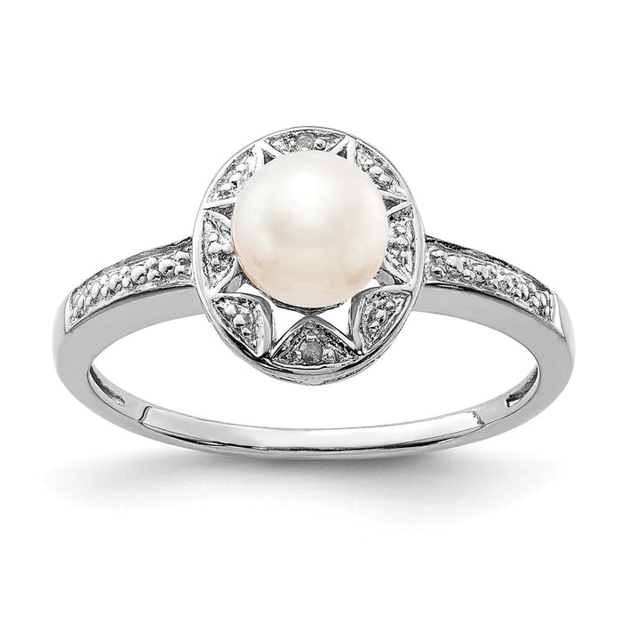 925 Sterling Silver Rhodium-plated Diamond & Freshwater Cultured Pearl Ring, Size: 9