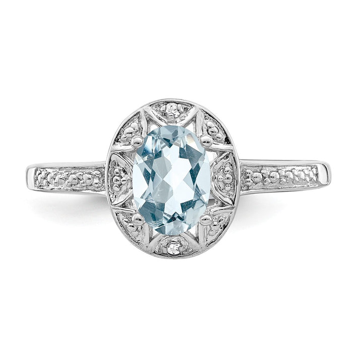 925 Sterling Silver Rhodium-plated Diamond & Aquamarine Ring, Size: 7