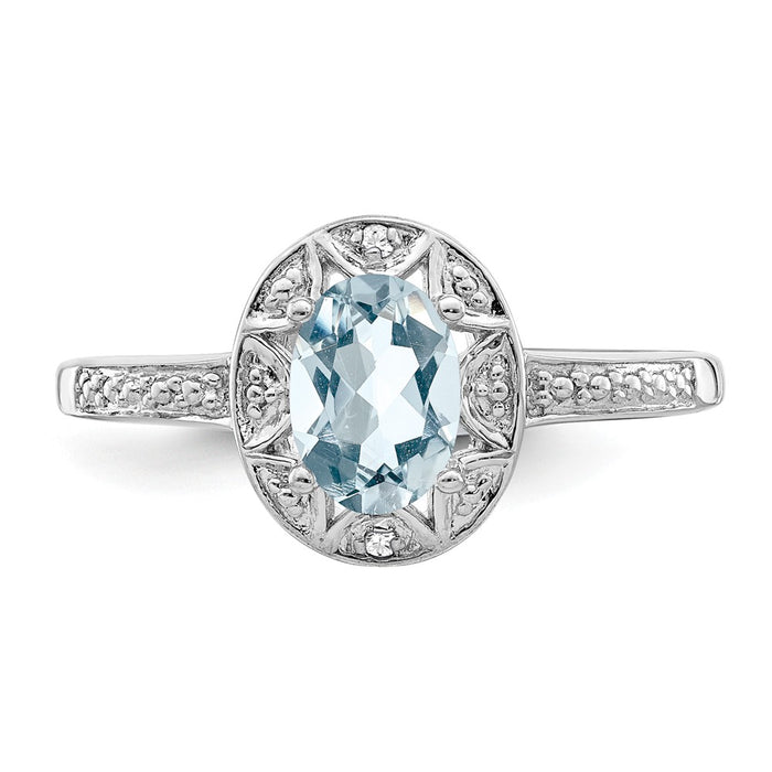 925 Sterling Silver Rhodium-plated Diamond & Aquamarine Ring, Size: 10