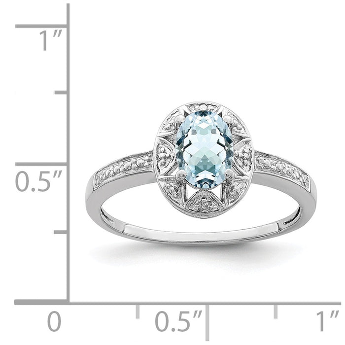 925 Sterling Silver Rhodium-plated Diamond & Aquamarine Ring, Size: 9