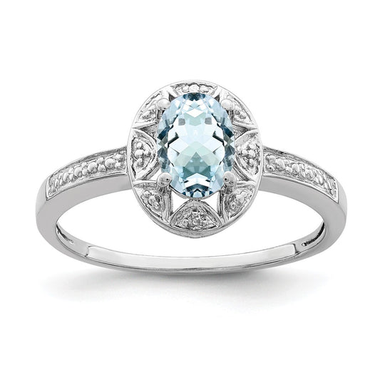 925 Sterling Silver Rhodium-plated Diamond & Aquamarine Ring, Size: 7