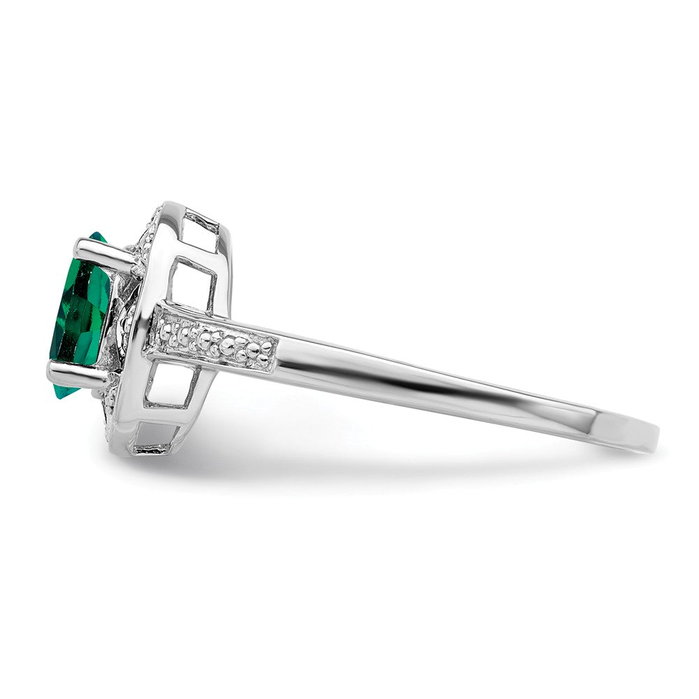 925 Sterling Silver Rhodium-plated Diamond & Created Emerald Ring, Size: 9