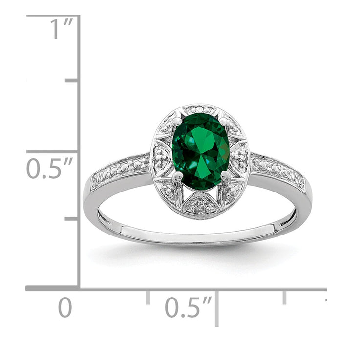 925 Sterling Silver Rhodium-plated Diamond & Created Emerald Ring, Size: 6