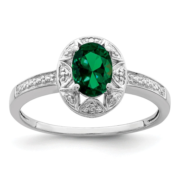 925 Sterling Silver Rhodium-plated Diamond & Created Emerald Ring, Size: 6