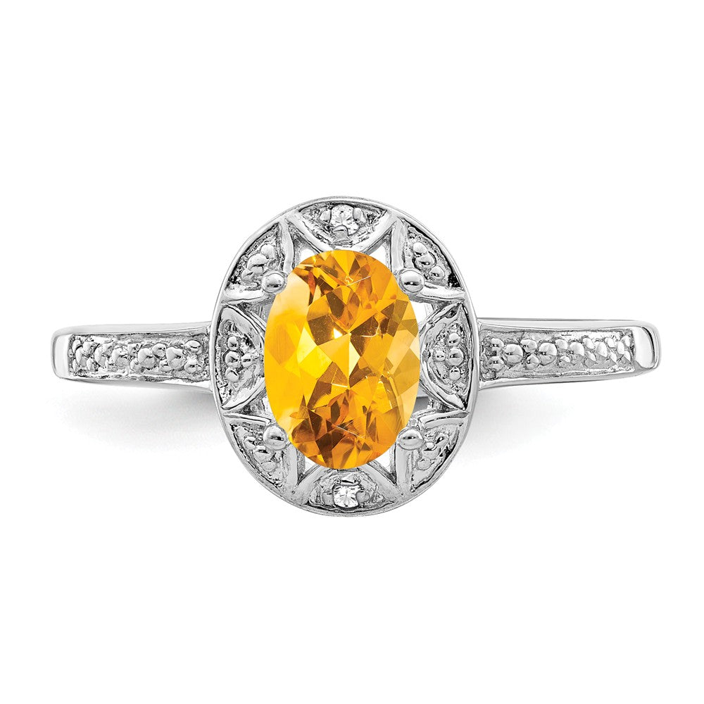 925 Sterling Silver Rhodium-plated Diamond & Citrine Ring, Size: 6