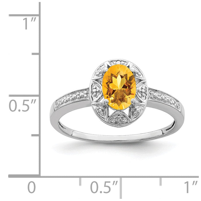 925 Sterling Silver Rhodium-plated Diamond & Citrine Ring, Size: 5