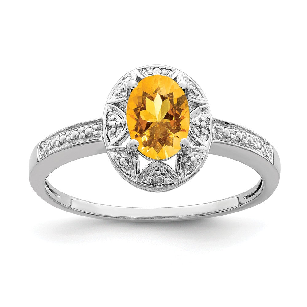 925 Sterling Silver Rhodium-plated Diamond & Citrine Ring, Size: 7