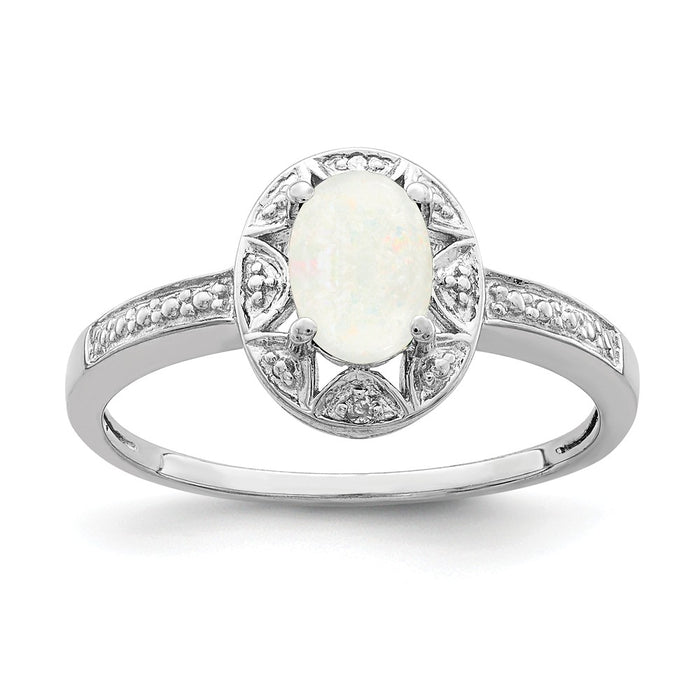 925 Sterling Silver Rhodium-plated Diamond & Created Opal Ring, Size: 6