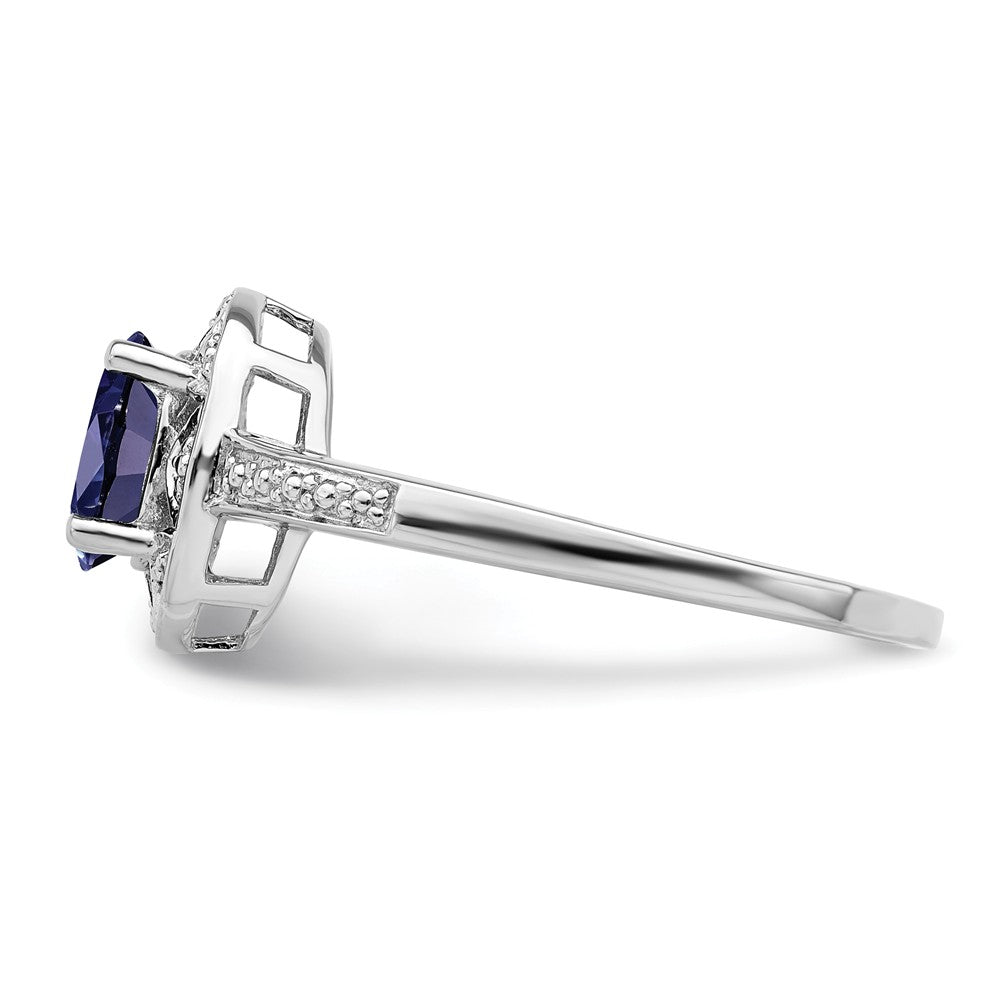 925 Sterling Silver Rhodium-plated Diamond & Created Sapphire Ring, Size: 7
